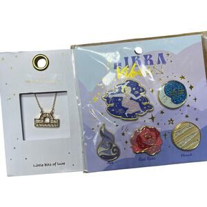 Libra Vibes Horoscope Zodiac Pin Necklace Gold Rhinestone Gift Set Astrology